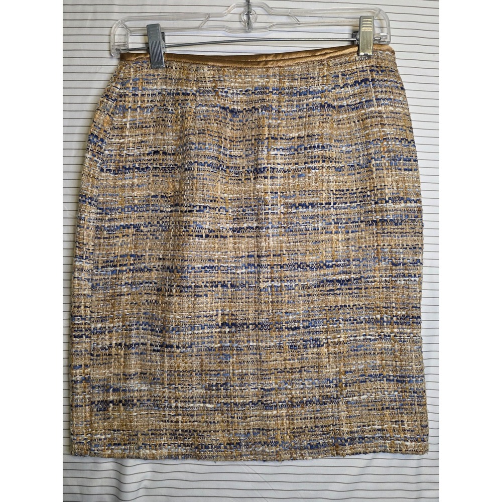 1327 Karen Kane Lifestyle Petites Tweed Pencil Skirt Tan Blue Gold 4P 4L40076P